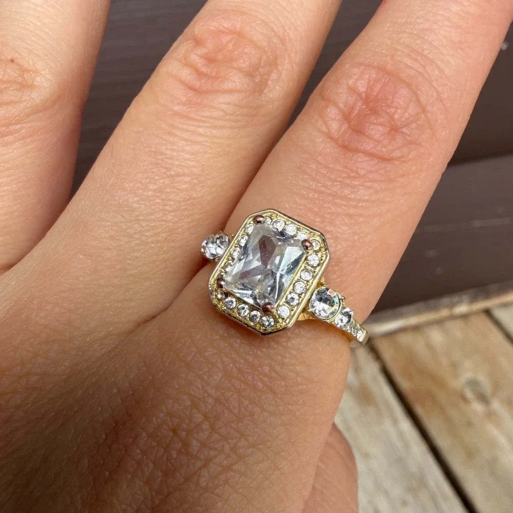 Costume Jewelry Emerald Cut Halo Ring Size 9 Gold Tone Rhinestone Statement